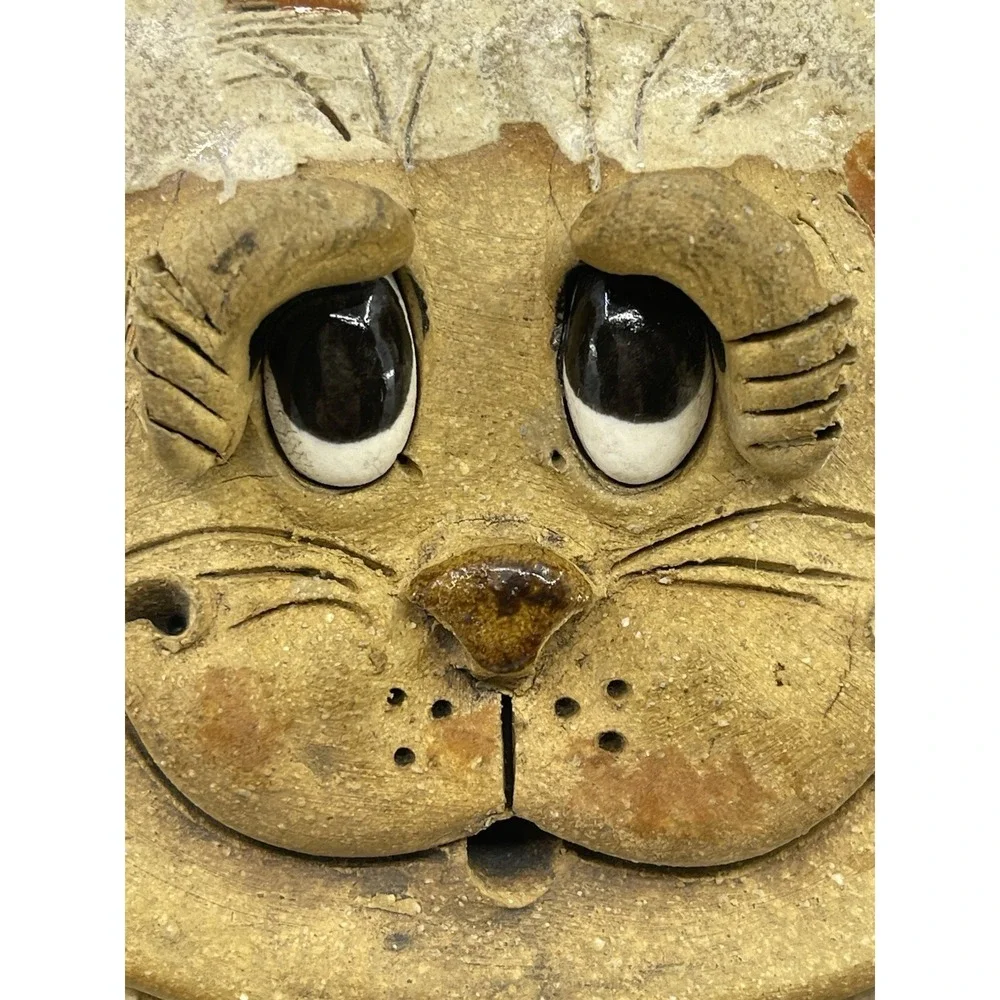 VTG Handmade Pottery Folk Art Tabby Cat Kitten Primitive Clock Rare